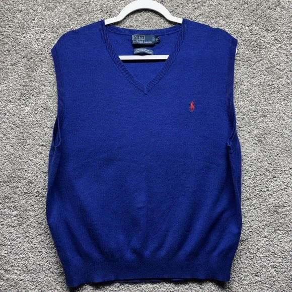 Vintage Polo Ralph Lauren Sweater Vest‎ Mens Large Blue 100% Pima Cotton Elastic