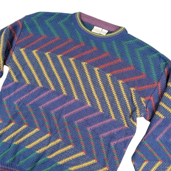 Ash Creek Trading Mens XL Vintage Geometric Chevron Knit Crewneck Sweater Blue