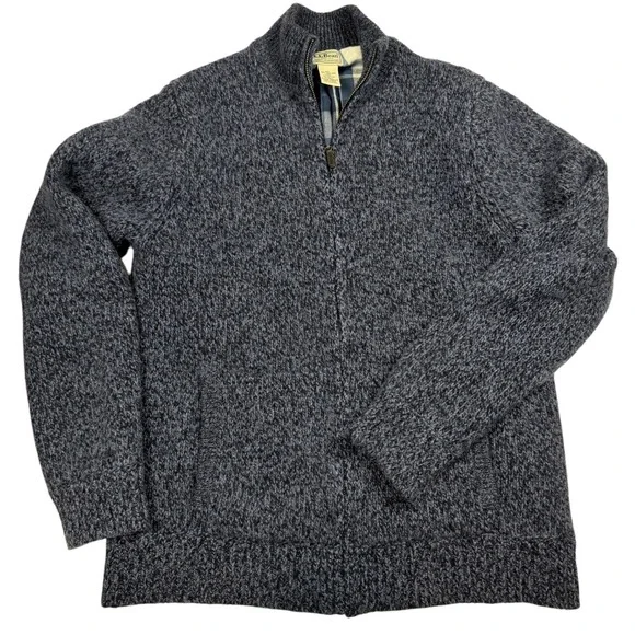 LL Bean Mens Lambswool Full Zip Cardigan Sweater Blue Plaid Lined M Tall 298313
