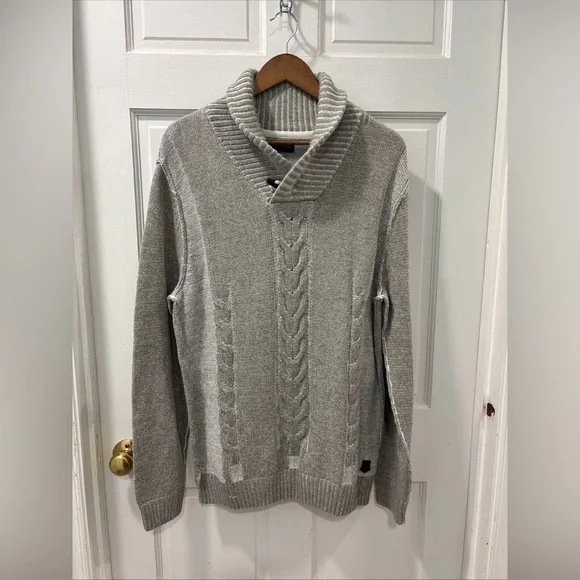 Trash Nouveau Men’s Shawl Neck Cable Knit Sweater Sz L Gray Grandpa Nordic EUC