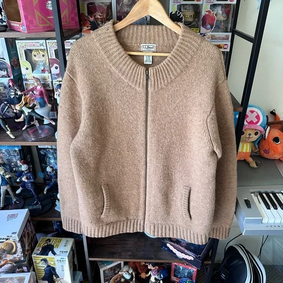 Vintage L.L.Bean Tan Shetland Wool Zip Sweater Men’s XL Distressed