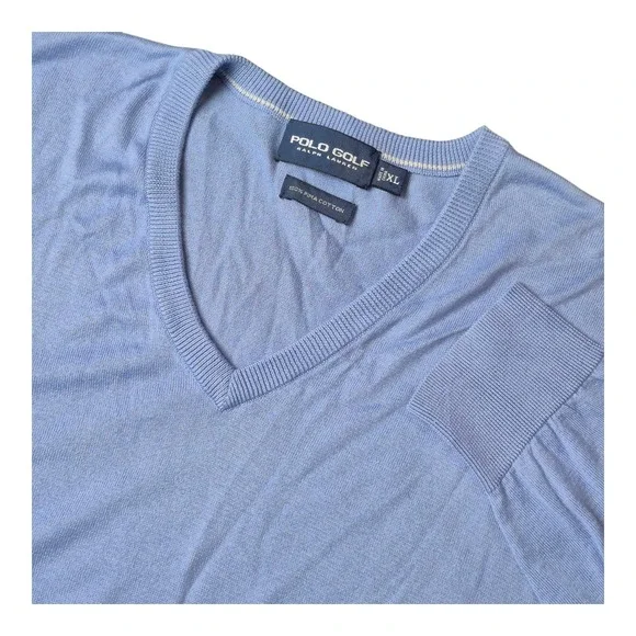 Polo Golf Ralph Lauren‎ V-Neck Sweater 100% Pima Cotton Blue Pullover Men's XL