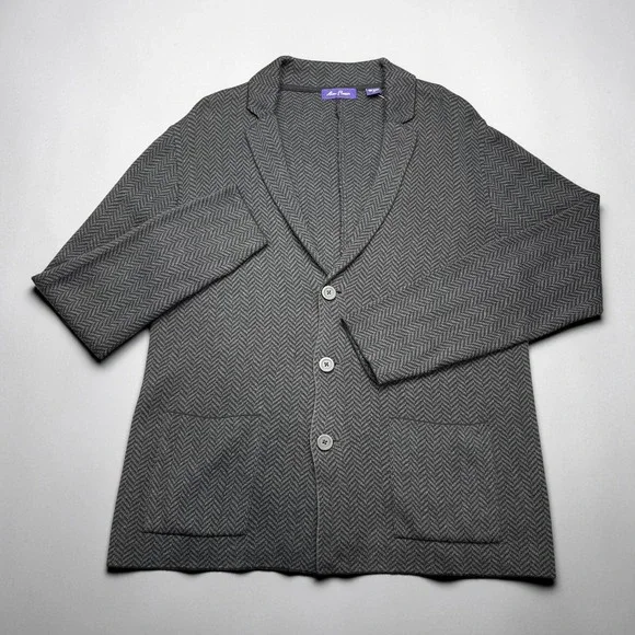 Alan Flusser Mens Grey Herringbone Knit Grandpa Cardigan‎ Sweater Size M Cotton