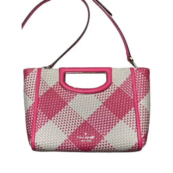 Kate Spade NY Alexia Pink & White Gingham Woven Convertible Crossbody Clutch Bag