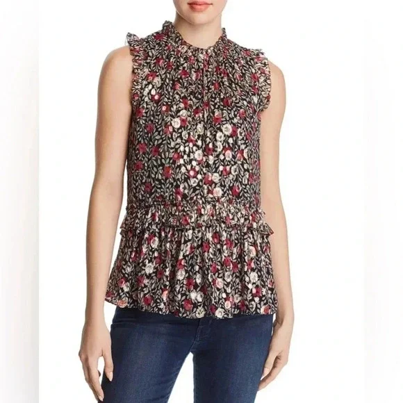 Kate Spade Large Floral Park Silk Sleeveless Ruffle Top Metallic Clip Dot