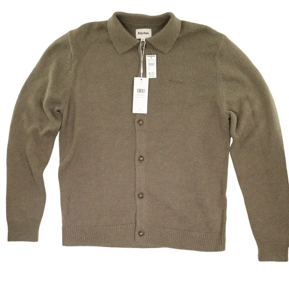 Rhythm Button Up Knit Polo Sweater Mohair Wool Blend Olive Men L NWT
