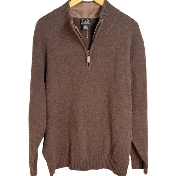 Jos A Bank Mens XL Brown Lambswool Blend Quarter Zip Mock Neck Sweater Pullover‎