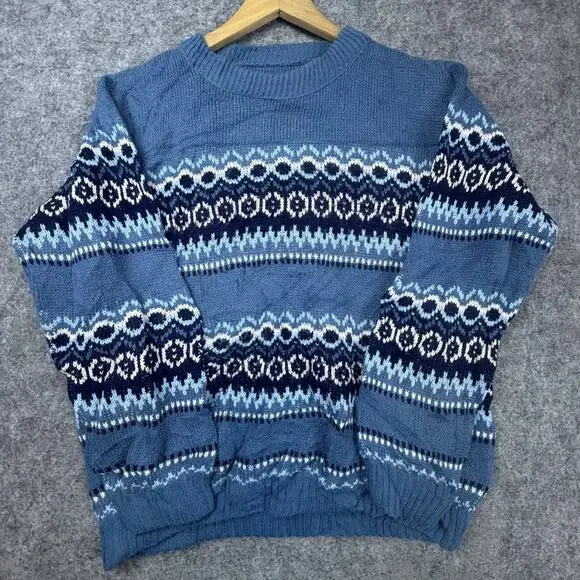Vintage Fair Isle Sweater Mens Large Blue White Ski Lodge 90s Dad‎ Grandpa Cabin