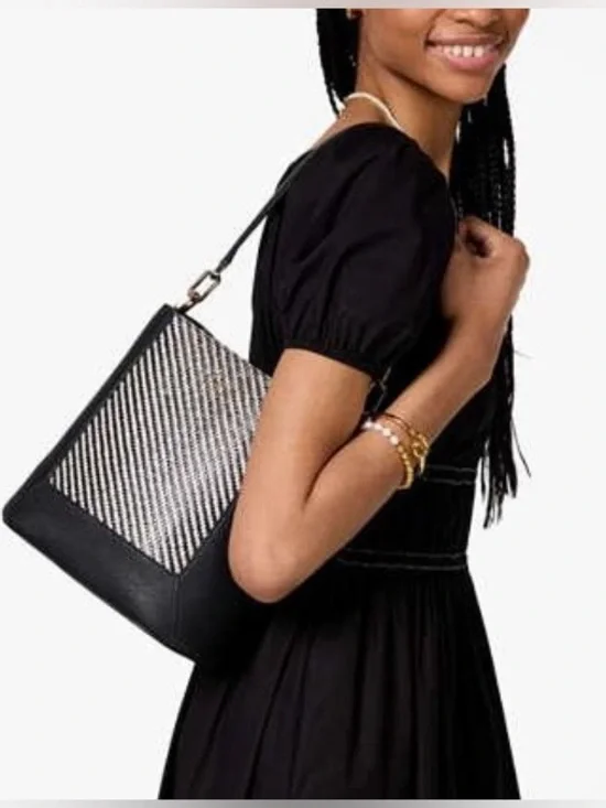 NWT Kate Spade NY Lena Straw Bucket Bag Raffia & Black Leather NEW