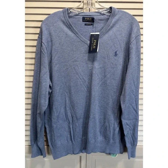 Polo Ralph Lauren Pullover Sweater V Neck Size Large Pima Cotton Ribbed Hem