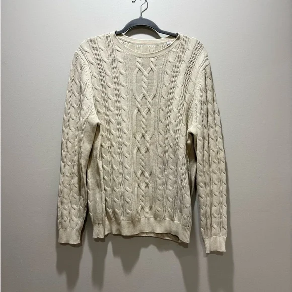 TOMMY BAHAMA • Men’s Cream Beige Cable Knit Cotton Sweater Crewneck Size M
