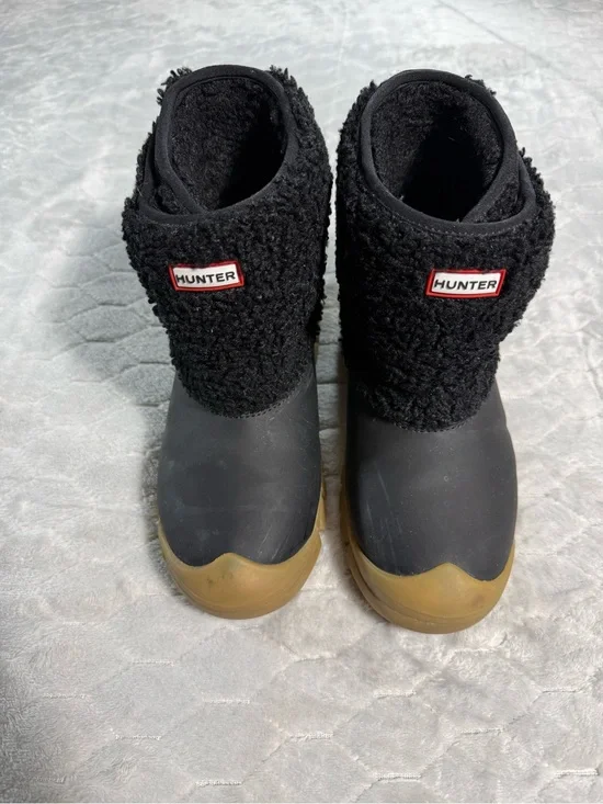 Hunter Roll Top Rain Boots Youth Size 3 Black Fleece Lined Gum Sole
