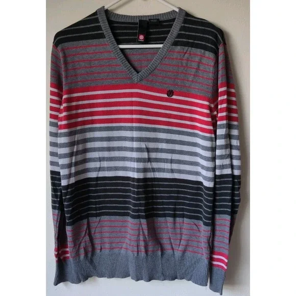 Element‎ Men's Striped Sweater V-Neck Gray/Black/Red 100% Cotton Size Medium