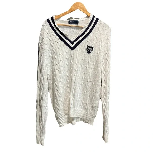 Polo Ralph Lauren White V Neck Cricket Tennis‎ Cable Knit Men's Sweater Size L