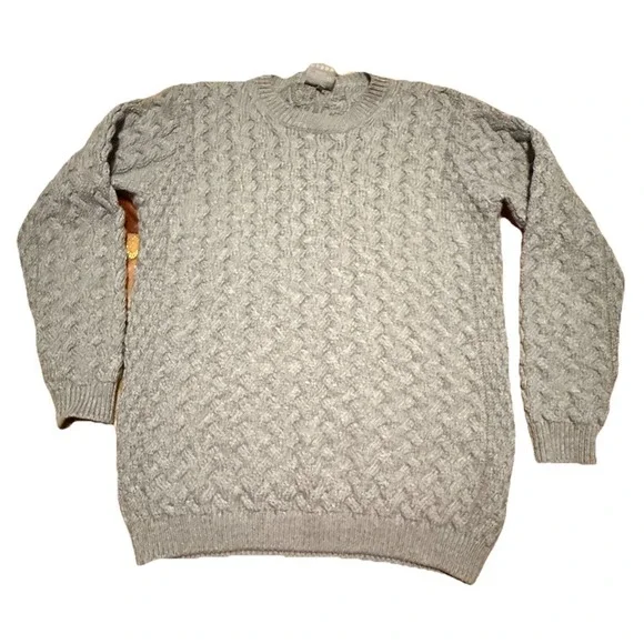 Aran Crafts Sweater Mens Large Grey‎ Super Soft Merino Wool Cable Knit Pullover
