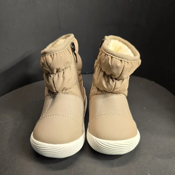 Kids Cozy Puffer Snow Boots Tan Side Zip Warm Lined Toddler Size 18 To 24 Months