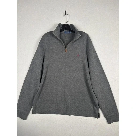 Polo Ralph Lauren Sweater Mens Large Gray Cotton 1/4 Zip Mock Neck Knit Pullover