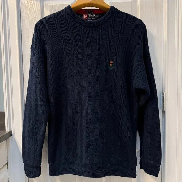 Vtg Chaps Ralph Lauren Hand Framed Rib Knit Cotton Sweater Navy Gold Crown XL