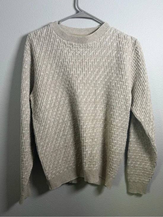 Oscar de la Renta Cream 90s Vintage Basketweave Textured Knit Sweater Cotton