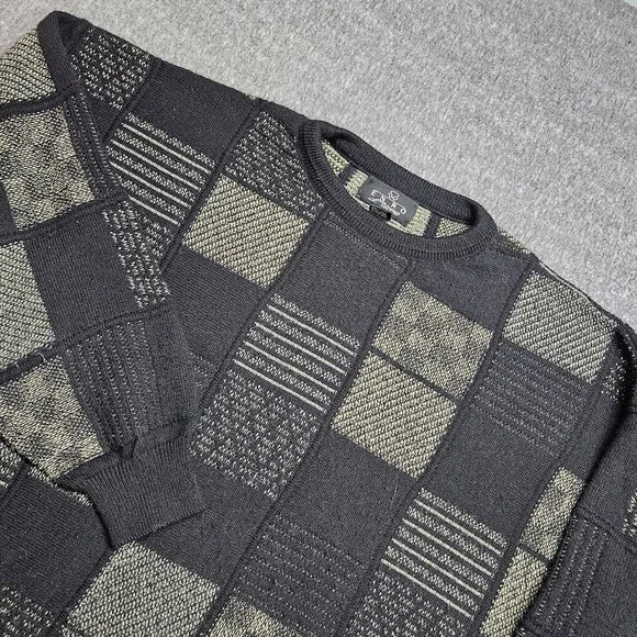 Enro Sweater Mens 2X Black Patchwork Geometric Wool Blend Crewneck Knit Vintage