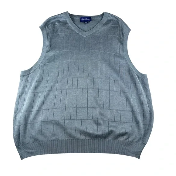 Alan Flusser Mens‎ XXL 100% Silk V-Neck Sweater Vest Slate Blue Grey Grid