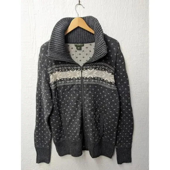 Eddie Bauer Nordic Snowflake Cardigan Sweater Wool Blend Full Zip Men's XL Tall