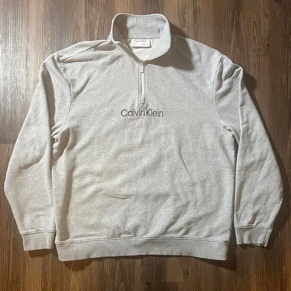 Calvin Klein Mens XL Gray Embroidered Logo Quarter Zip Pullover Sweatshirt