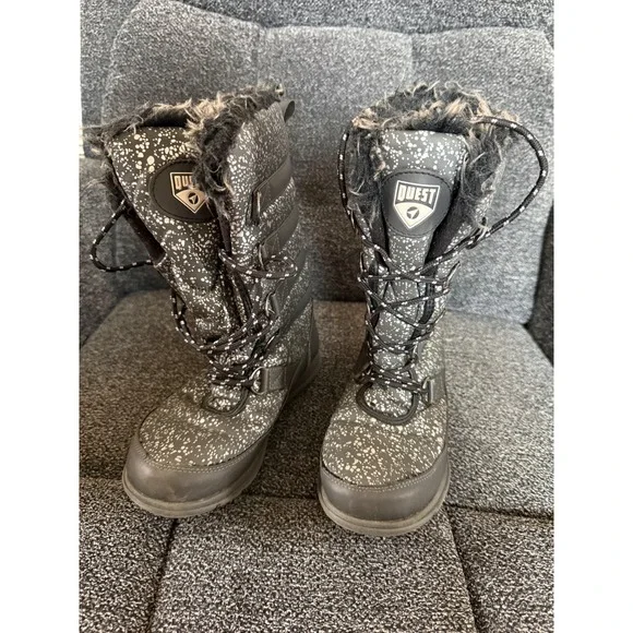 Quest Kids Winter Snow Boots Black White Speckled‎ Fur Lined Lace Up Size 3