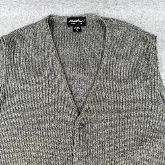 Vintage 90s Eddie Bauer Men's XLT Gray Chunky Ribbed Knit Cardigan Sweater Vest