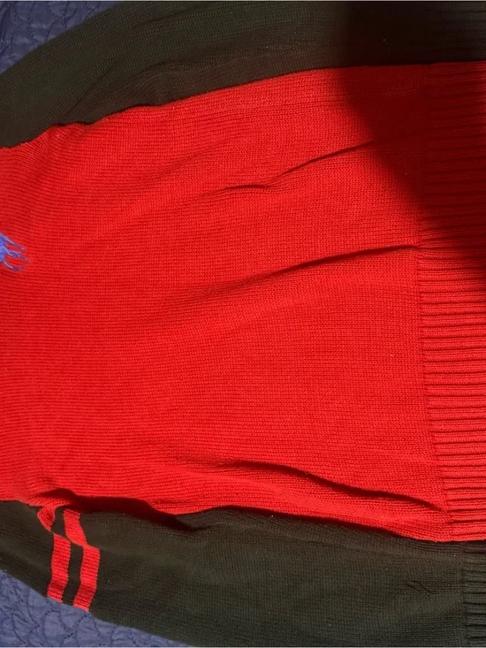 Polo red and Black Knit Sweater with Striped Sleeves