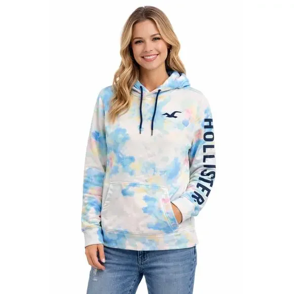 Hollister Tie Dye Winter Hoodie Unisex S Blue Pink Yellow Pullover Seagull Logo