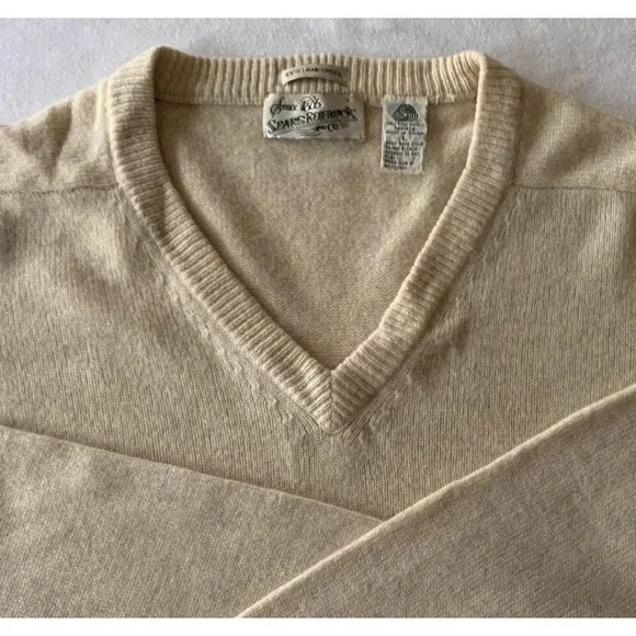 Vintage Sears Roebuck 100% Lambswool V-Neck Sweater Large Beige Eclectic Grandpa