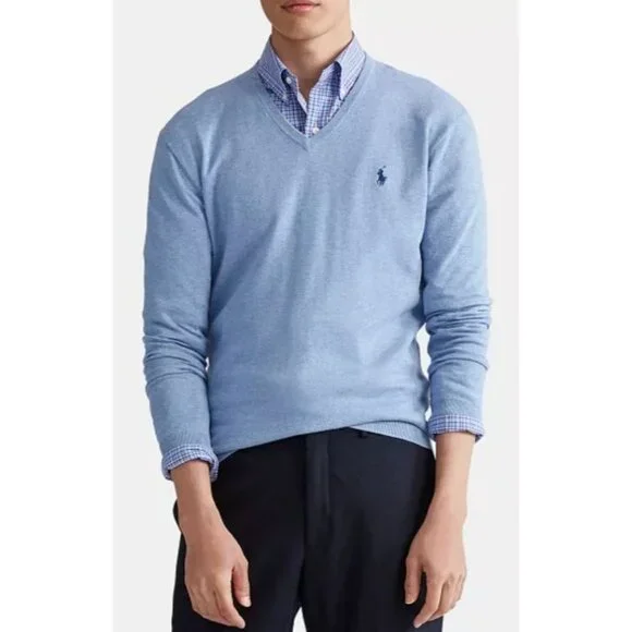 Polo Ralph Lauren Men's Blue V-Neck Sweater with Logo Size XL