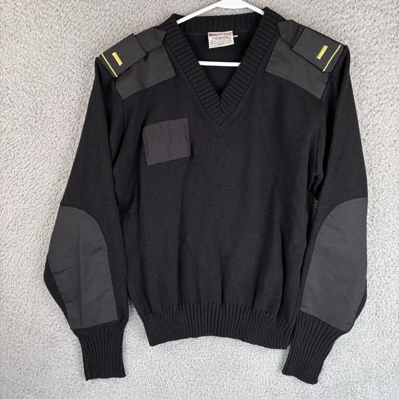 Commando by Jack Young Sweater Mens L Black Military V Neck Knit Elbow Patches
