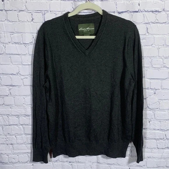 Eddie Bauer Mens Cashmere Blend V-Neck Pullover Sweater Gray Size L Preppy