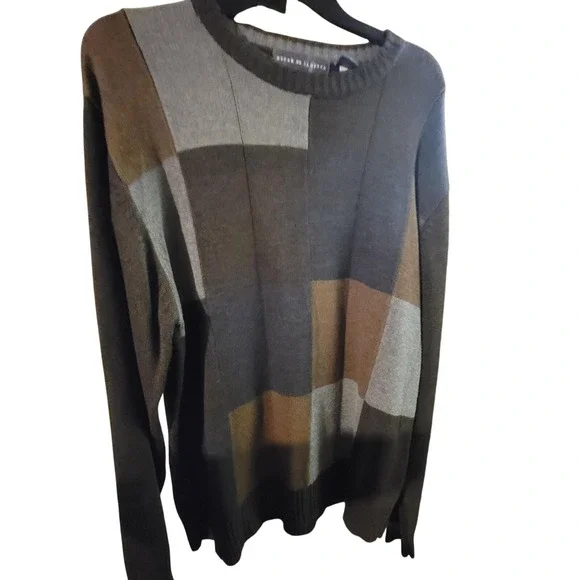 Vintage Oscar de la Renta Men's XL Geometric Patchwork Knit Crewneck Sweater‎
