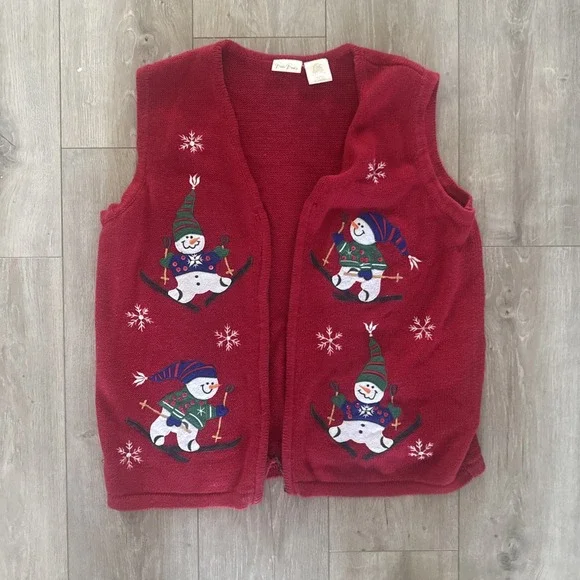 Vintage BOBBIE BROOKS Sweater Vest RED Christmas‎ SNOWMEN Zip XL