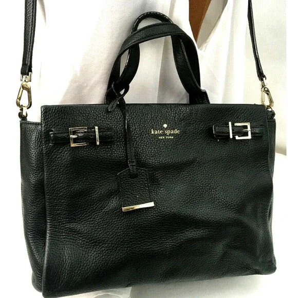 Kate Spade Handbag Black Pebbled Cow Leather Removable Strap Satchel Bag Purse