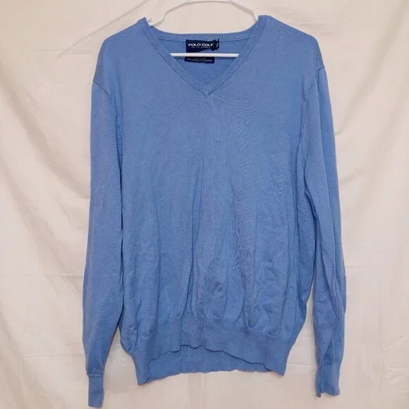 Men's Polo Ralph Lauren Golf Blue Long Sleeve V Neck Cotton Sweater size XL