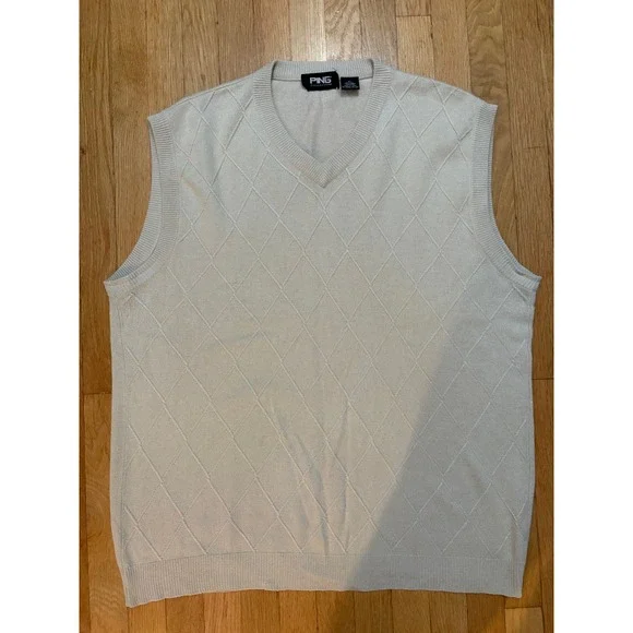 Ping Collection Silk Cashmere Sweater Vest Mens XL Cream Argyle V-Neck Golf