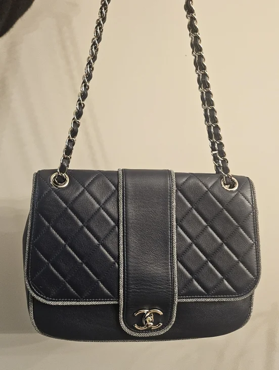 Chanel Navy Quilted Lambskin Flap Bag Silver Braided Trim Ruthenium Chain