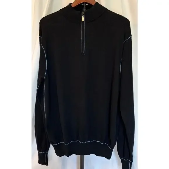 Peter Millar Mens 1/4 Zip Pullover Sweatshirt Black Blue Trim Cotton Cashmere M