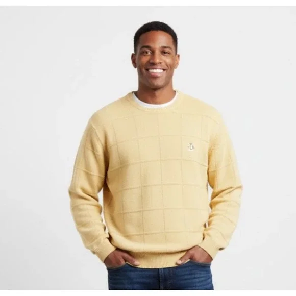 IZOD Men's Sweater XL Yellow Grid‎ Pattern Crew Neck Long Sleeve Cotton