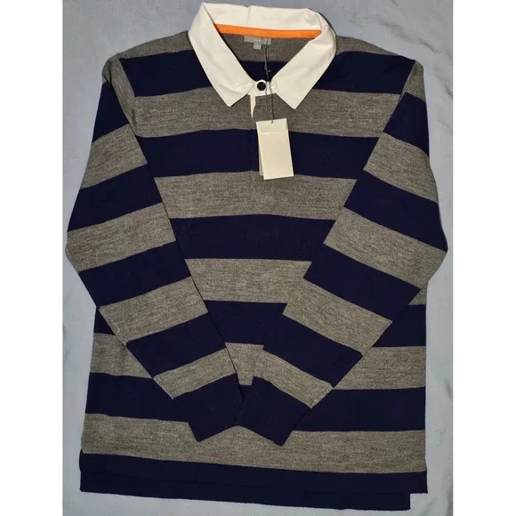 K+J2 Grey Striped Collared Polo Merino Wool‎ Long Sleeve Sz Large