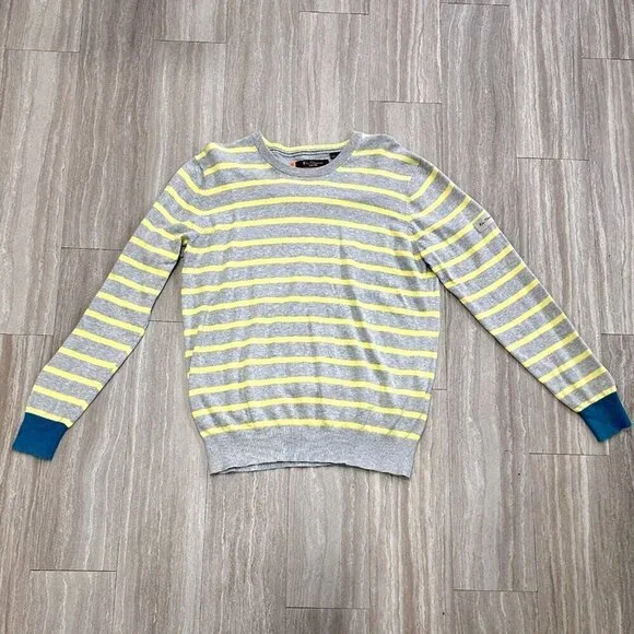 Ben Sherman Men's XL Striped Sweater Gray Yellow Blue-Green Cuffs