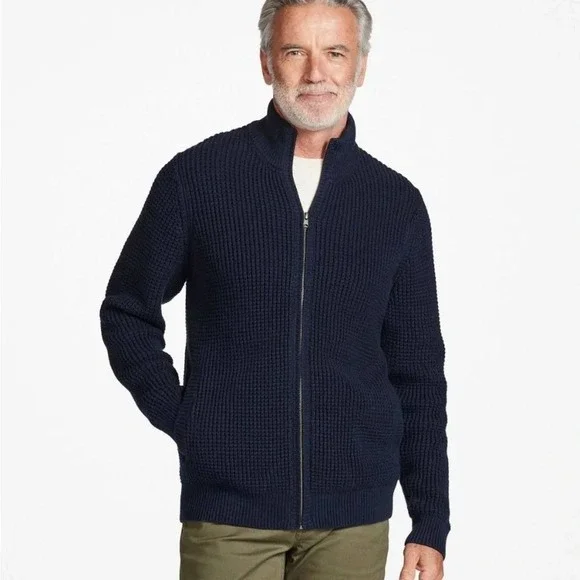 L.L. Bean Men's Large Navy Cotton Full Zip Shaker Knit Cardigan Sweater 298244