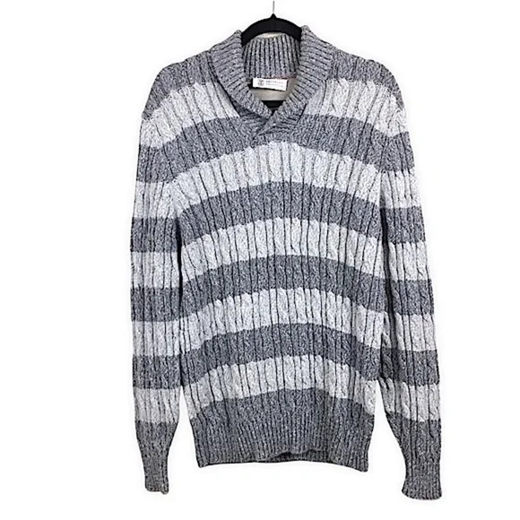 Brunello Cucinelli Men’s Gray‎ Striped Cable Knit Pullover Sweater
