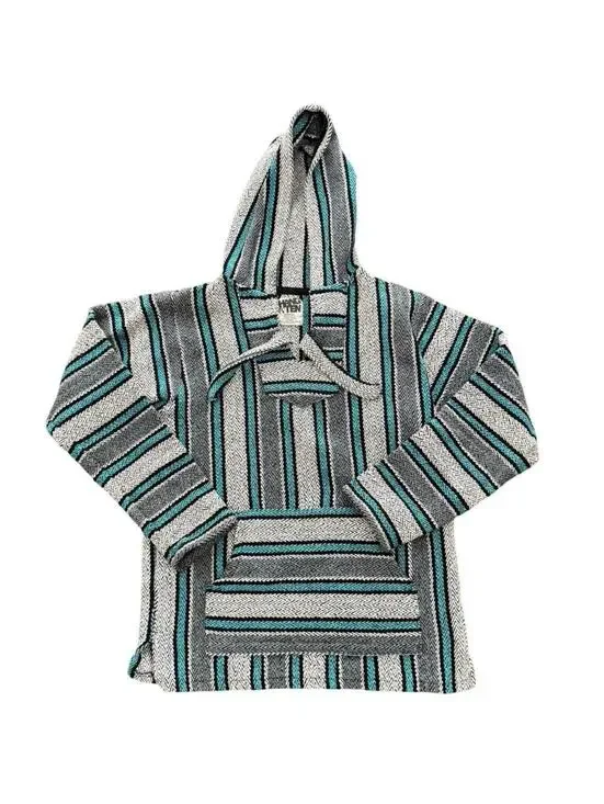 Vintage Hang Ten Baja Hoodie Drug Rug Mexican Pancho Large blue Gray textured