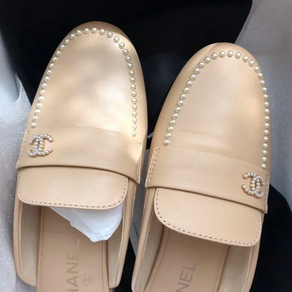 Chanel Beige Leather Pearl-Trim Loafer Mules Size 38