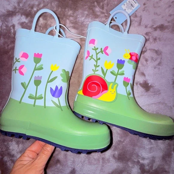 Cat & Jack Rain Boots Kids Size 12 Blue Green New Garden Snail Ladybug Floral